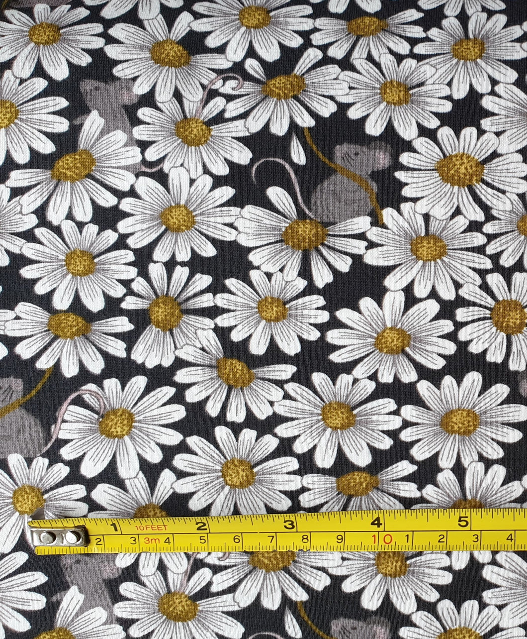 Lewis & Irene Little Mouse & Daisies on Charcoal Jersey 0.5m